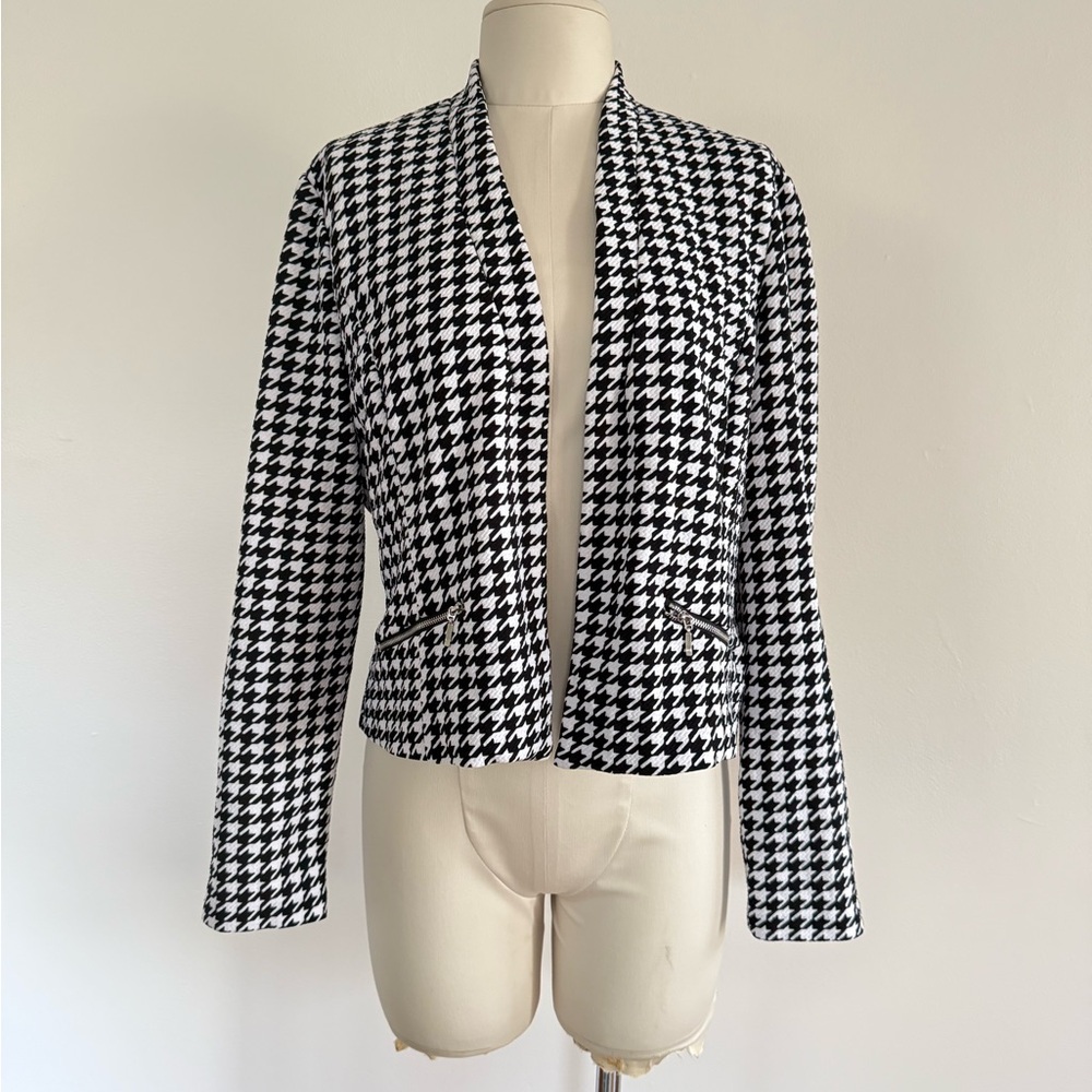 Roz & Ali Black White Houndstooth Open Front Blazer Jacket XL
